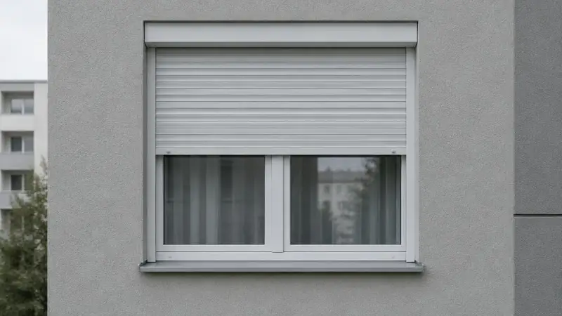 Volet roulant blanc à moitié descendu sur une fenêtre d'immeuble (illustration)
