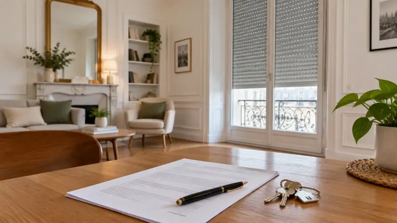 Appartement en location avec volets roulants fermés, bail et clés sur une table (illustration)